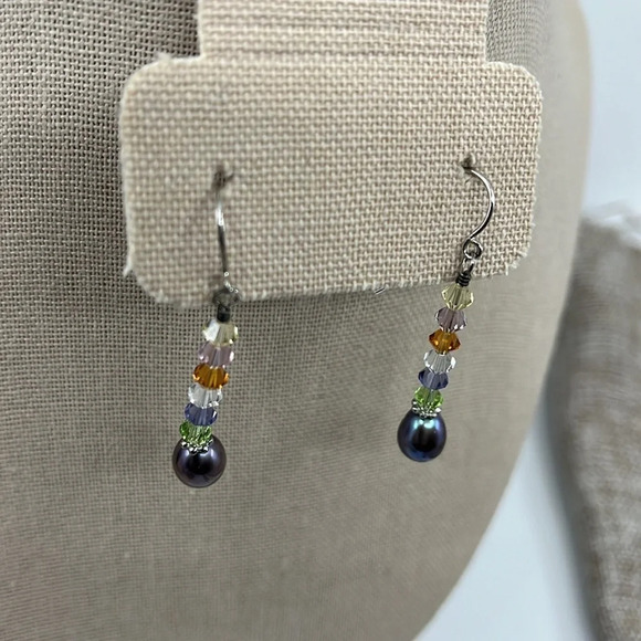 Multi-stone Swarovski Crystals and Silver Pearl 925 Drop Earrings - Picture 4 of 13